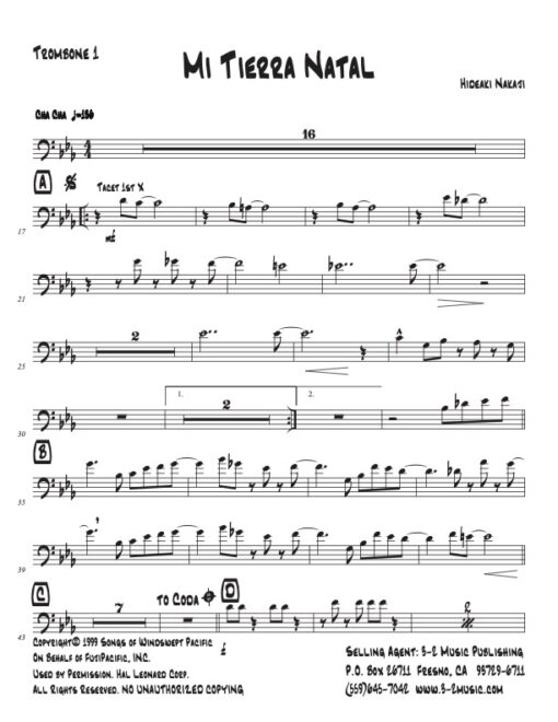 Mi Tierra Natal trombone 1 (Download) Latin jazz printed sheet music www.3-2music.com composer and arranger Hideaki Nakaji big band 4-4-5 instrumentation