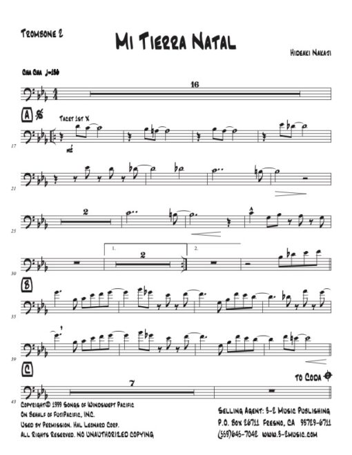 Mi Tierra Natal trombone 2 (Download) Latin jazz printed sheet music www.3-2music.com composer and arranger Hideaki Nakaji big band 4-4-5 instrumentation