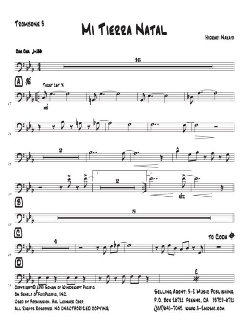 Mi Tierra Natal trombone 3 (Download) Latin jazz printed sheet music www.3-2music.com composer and arranger Hideaki Nakaji big band 4-4-5 instrumentation
