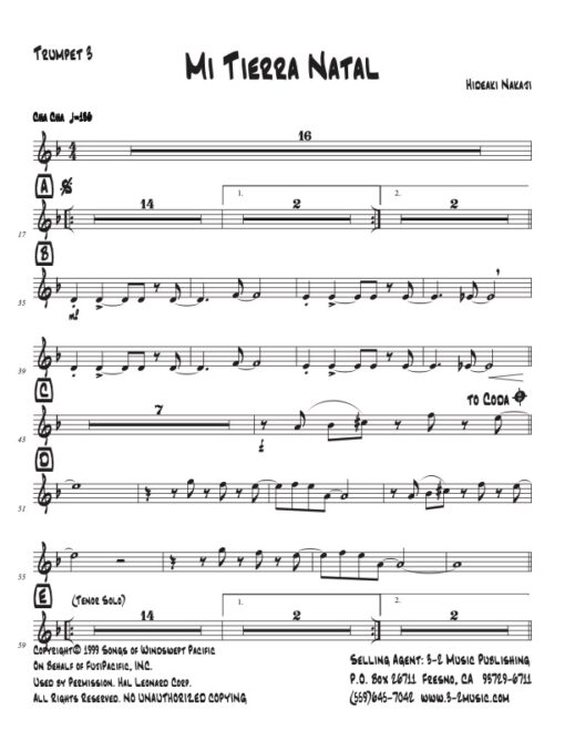 Mi Tierra Natal trumpet 3 (Download) Latin jazz printed sheet music www.3-2music.com composer and arranger Hideaki Nakaji big band 4-4-5 instrumentation