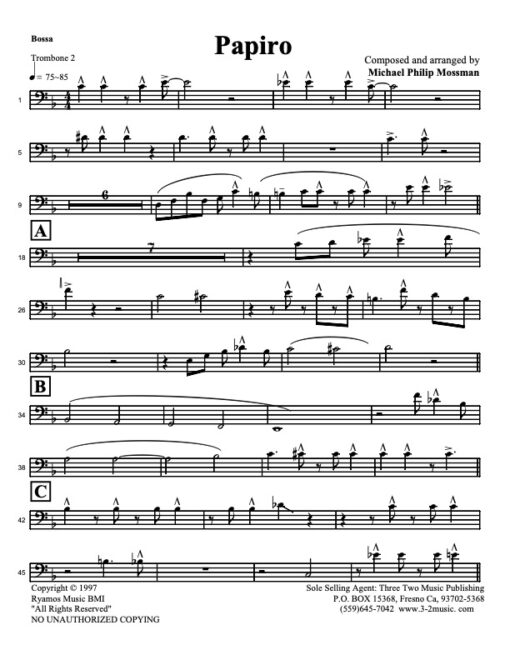 Papiro trombone 2 (Download) Latin jazz printed sheet music www.3-2music.com composer and arranger Michael Mossman big band 4-4-5  instrumentation