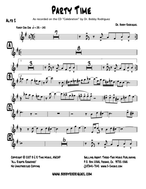 Party Time alto 2 (Download) Latin jazz printed sheet music www.3-2music.com composer and arranger Bobby Rodriguez big band 4-4-5 instrumentation