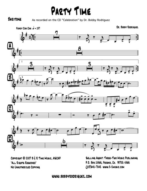 Party Time baritone (Download) Latin jazz printed sheet music www.3-2music.com composer and arranger Bobby Rodriguez big band 4-4-5 instrumentation