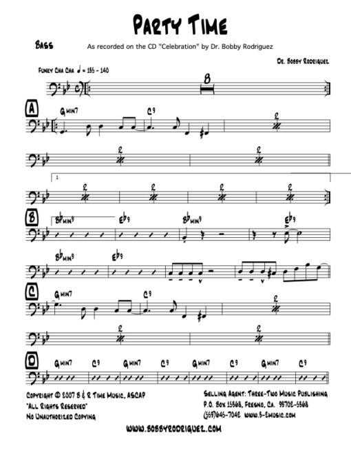 Party Time bass (Download) Latin jazz printed sheet music www.3-2music.com composer and arranger Bobby Rodriguez big band 4-4-5 instrumentation