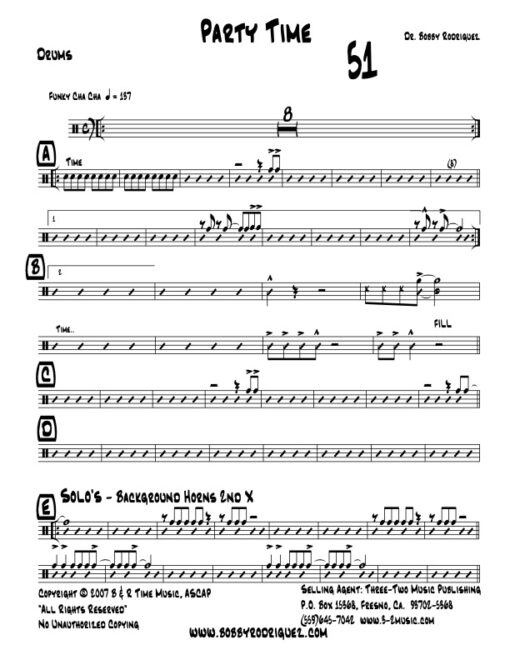 Party Time drums (Download) Latin jazz printed sheet music www.3-2music.com composer and arranger Bobby Rodriguez big band 4-4-5 instrumentation