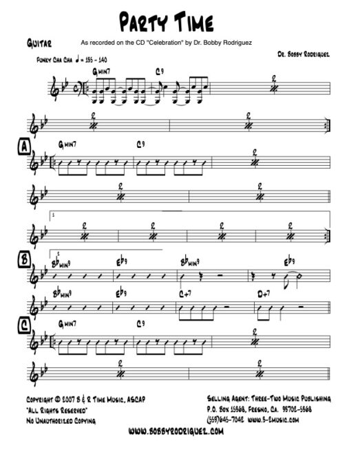 Party Time guitar (Download) Latin jazz printed sheet music www.3-2music.com composer and arranger Bobby Rodriguez big band 4-4-5 instrumentation