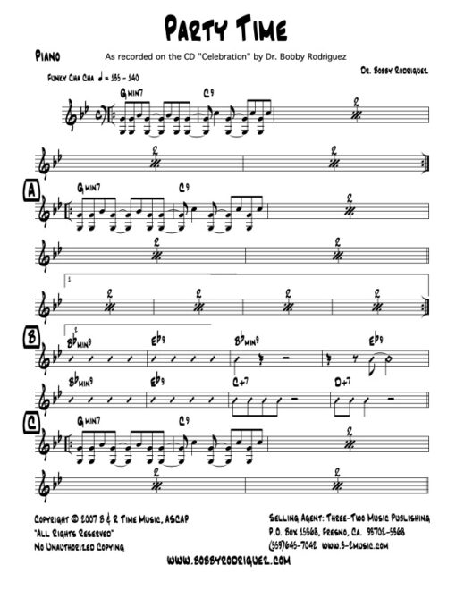 Party Time piano (Download) Latin jazz printed sheet music www.3-2music.com composer and arranger Bobby Rodriguez big band 4-4-5 instrumentation