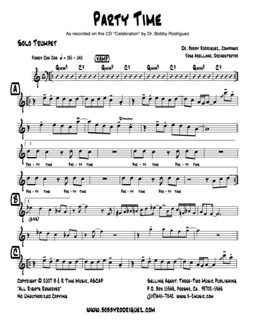 Party Time solo trumpet (Download) Latin jazz printed sheet music www.3-2music.com composer and arranger Bobby Rodriguez big band 4-4-5 instrumentation