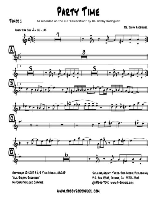 Party Time tenor 1 (Download) Latin jazz printed sheet music www.3-2music.com composer and arranger Bobby Rodriguez big band 4-4-5 instrumentation