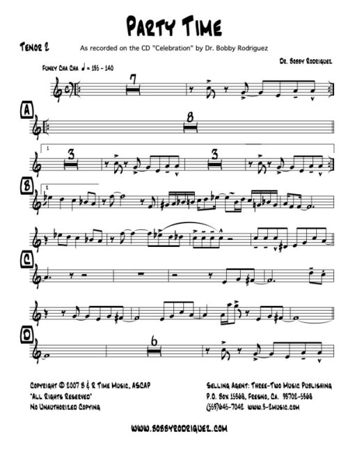 Party Time tenor 2 (Download) Latin jazz printed sheet music www.3-2music.com composer and arranger Bobby Rodriguez big band 4-4-5 instrumentation