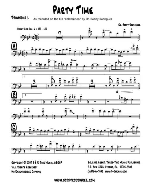 Party Time trombone 1 (Download) Latin jazz printed sheet music www.3-2music.com composer and arranger Bobby Rodriguez big band 4-4-5 instrumentation
