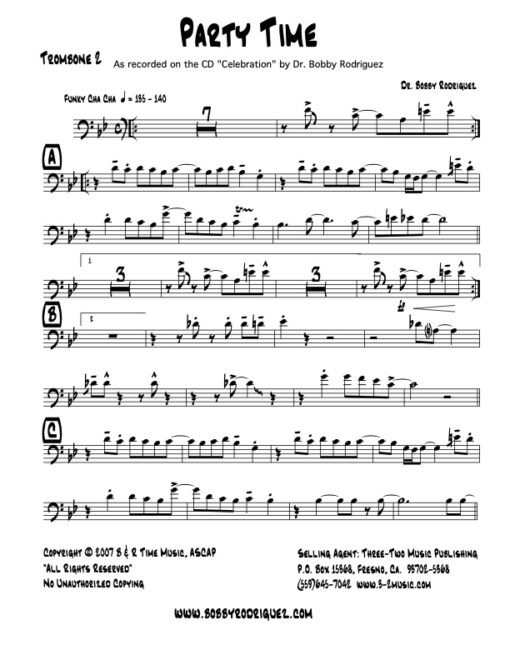 Party Time trombone 2 (Download) Latin jazz printed sheet music www.3-2music.com composer and arranger Bobby Rodriguez big band 4-4-5 instrumentation