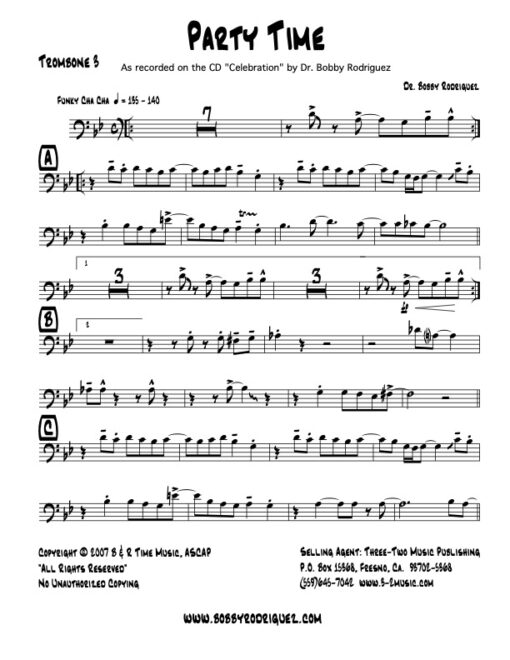 Party Time trombone 3 (Download) Latin jazz printed sheet music www.3-2music.com composer and arranger Bobby Rodriguez big band 4-4-5 instrumentation