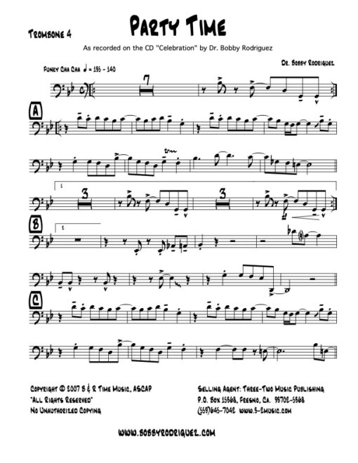 Party Time trombone 4 (Download) Latin jazz printed sheet music www.3-2music.com composer and arranger Bobby Rodriguez big band 4-4-5 instrumentation