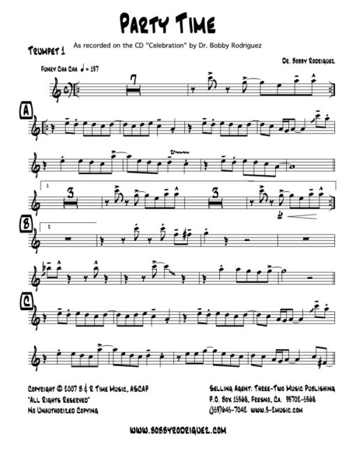 Party Time trumpet 1 (Download) Latin jazz printed sheet music www.3-2music.com composer and arranger Bobby Rodriguez big band 4-4-5 instrumentation