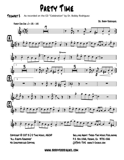 Party Time trumpet 3 (Download) Latin jazz printed sheet music www.3-2music.com composer and arranger Bobby Rodriguez big band 4-4-5 instrumentation