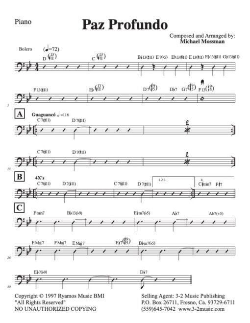 Paz Profundo piano (Download) Latin jazz printed sheet music www.3-2music.com composer and arranger Michael Mossman big band 4-4-5 instrumentation