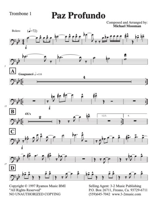 Paz Profundo trombone 1 (Download) Latin jazz printed sheet music www.3-2music.com composer and arranger Michael Mossman big band 4-4-5 instrumentation