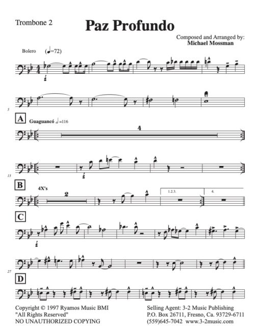 Paz Profundo trombone 2 (Download) Latin jazz printed sheet music www.3-2music.com composer and arranger Michael Mossman big band 4-4-5 instrumentation