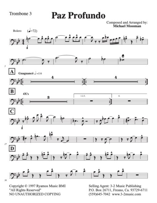 Paz Profundo trombone 3 (Download) Latin jazz printed sheet music www.3-2music.com composer and arranger Michael Mossman big band 4-4-5 instrumentation