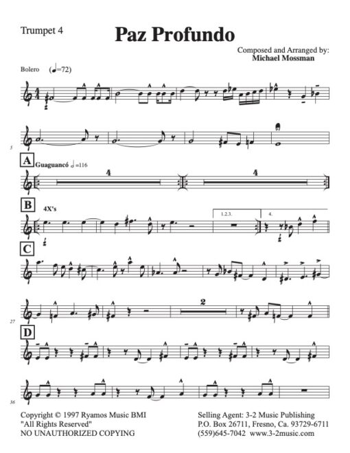 Paz Profundo trumpet 4 (Download) Latin jazz printed sheet music www.3-2music.com composer and arranger Michael Mossman big band 4-4-5 instrumentation