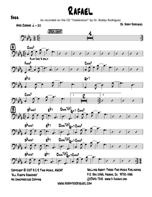 Rafael bass (Download) Latin jazz printed sheet music www.3-2music.com composer and arranger Bobby Rodriguez big band 4-4-5 instrumentation