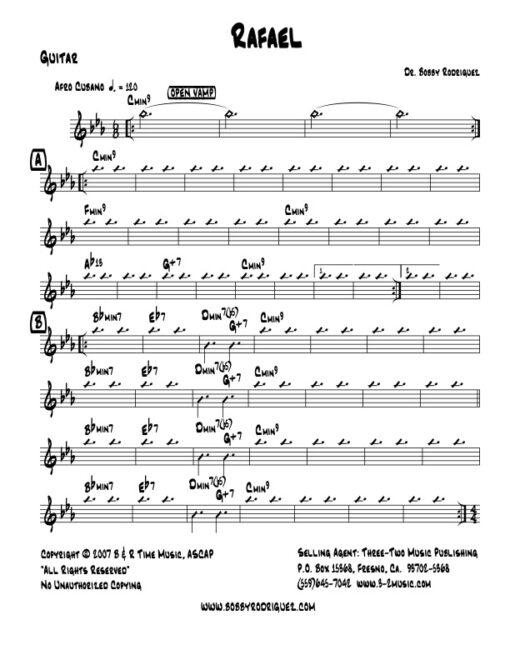 Rafael guitar (Download) Latin jazz printed sheet music www.3-2music.com composer and arranger Bobby Rodriguez big band 4-4-5 instrumentation