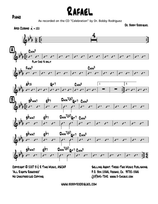 Rafael piano (Download) Latin jazz printed sheet music www.3-2music.com composer and arranger Bobby Rodriguez big band 4-4-5 instrumentation