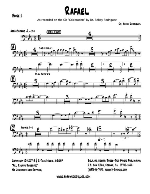 Rafael trombone 1 (Download) Latin jazz printed sheet music www.3-2music.com composer and arranger Bobby Rodriguez big band 4-4-5 instrumentation
