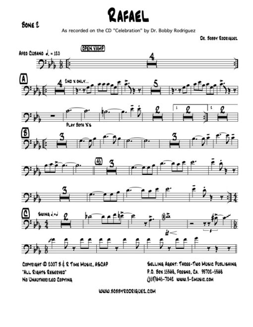 Rafael trombone 2 (Download) Latin jazz printed sheet music www.3-2music.com composer and arranger Bobby Rodriguez big band 4-4-5 instrumentation