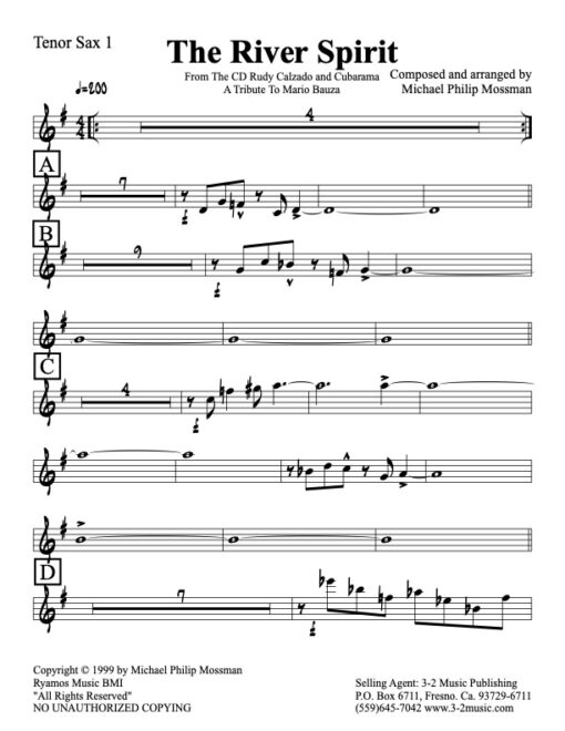River Spirit tenor 1 (Download) Latin jazz printed sheet music www.3-2music.com composer and arranger Michael Mossman big band 4-4-5 instrumentation