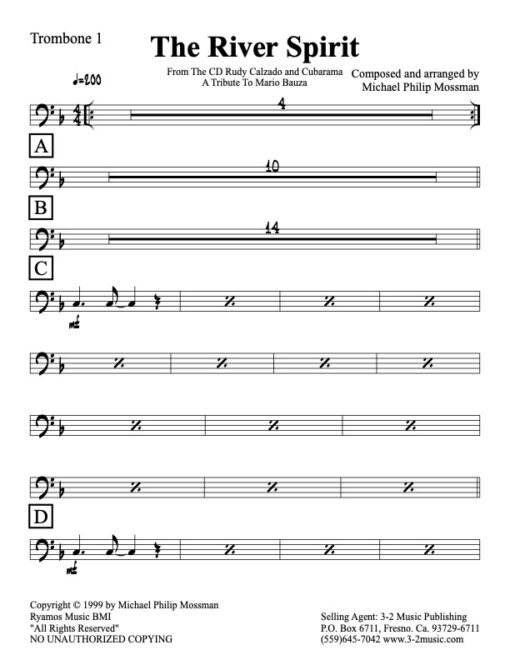 River Spirit trombone 1 (Download) Latin jazz printed sheet music www.3-2music.com composer and arranger Michael Mossman big band 4-4-5 instrumentation