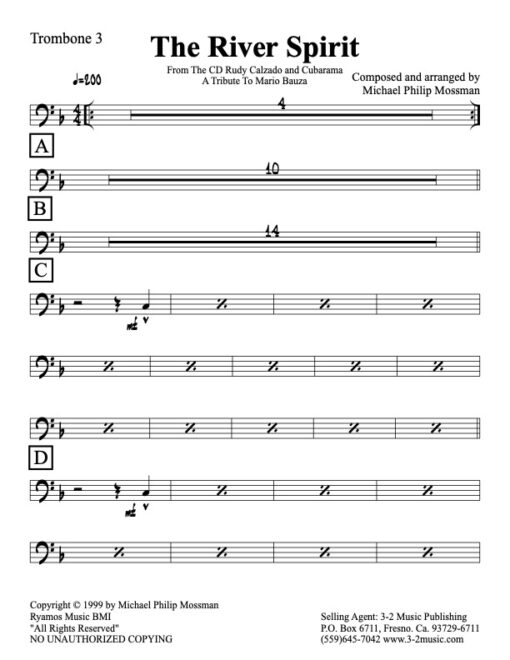 River Spirit trombone 3 (Download) Latin jazz printed sheet music www.3-2music.com composer and arranger Michael Mossman big band 4-4-5 instrumentation