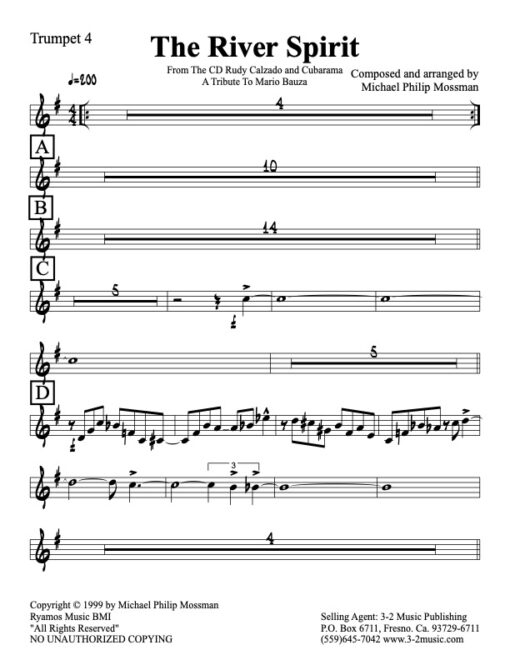 River Spirit trumpet 4 (Download) Latin jazz printed sheet music www.3-2music.com composer and arranger Michael Mossman big band 4-4-5 instrumentation