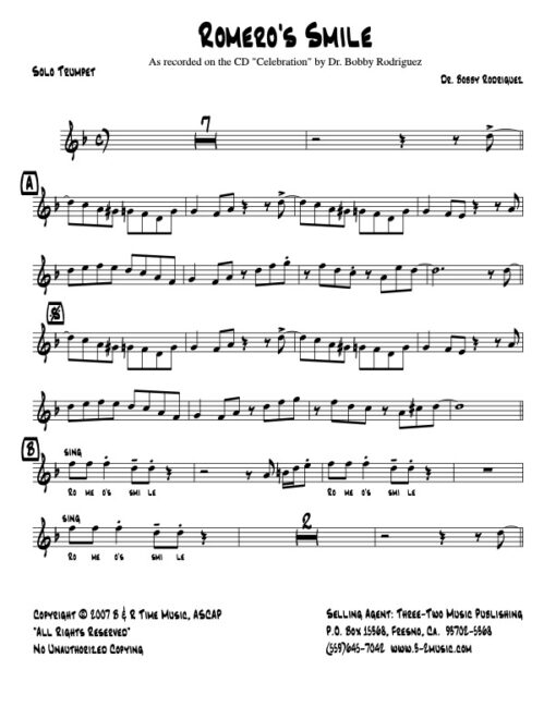 Romeo's Smile solo trumpet (Download) Latin jazz printed sheet music www.3-2music.com composer and arranger Dr. Bobby Rodriguez big band 4-4-5
