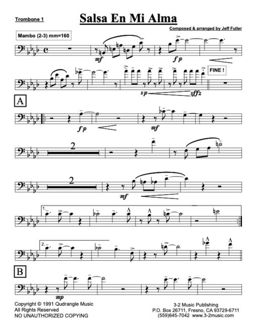 Salsa En Mi Alma trombone 1 (Download) Latin jazz printed sheet music www.3-2music.com composer and arranger Jeff Fuller big band 4-4-5 instrumentation
