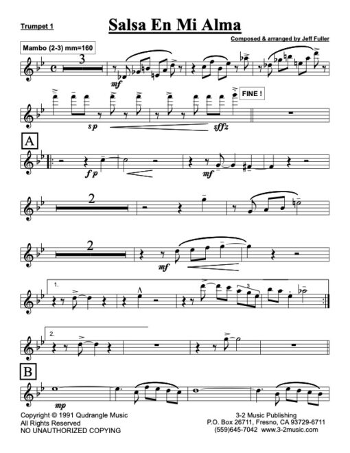 Salsa En Mi Alma trumpet 1 (Download) Latin jazz printed sheet music www.3-2music.com composer and arranger Jeff Fuller big band 4-4-5 instrumentation