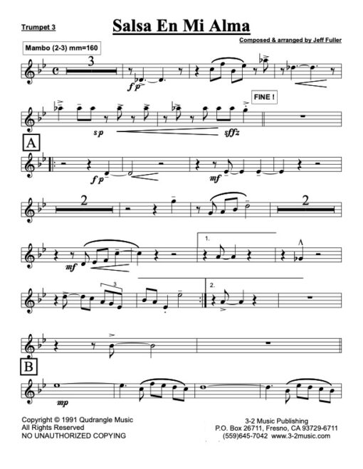 Salsa En Mi Alma trumpet 3 (Download) Latin jazz printed sheet music www.3-2music.com composer and arranger Jeff Fuller big band 4-4-5 instrumentation