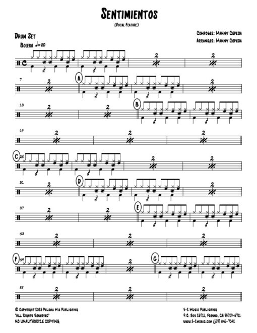 Sentimientos drums (Download) Latin jazz printed sheet music www.3-2music.com composer and arranger Manny Cepeda big band 4-4-5 instrumentation