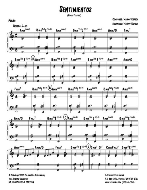 Sentimientos piano (Download) Latin jazz printed sheet music www.3-2music.com composer and arranger Manny Cepeda big band 4-4-5 instrumentation