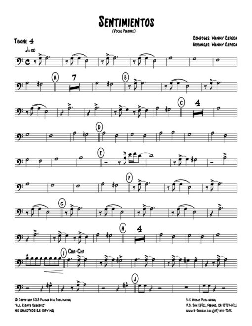 Sentimientos trombone 4 (Download) Latin jazz printed sheet music www.3-2music.com composer and arranger Manny Cepeda big band 4-4-5 instrumentation