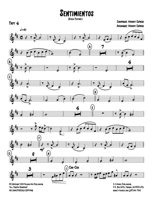 Sentimientos trumpet 4 (Download) Latin jazz printed sheet music www.3-2music.com composer and arranger Manny Cepeda big band 4-4-5 instrumentation