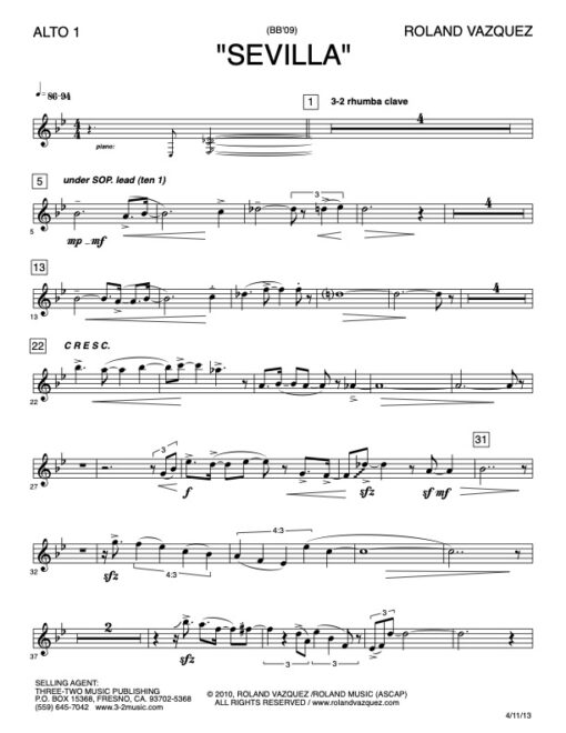 Sevilla V.3 alto 1 (Download) Latin jazz printed sheet music www.3-2music.com composer and arranger Roland Vazquez big band 4-4-5 instrumentation
