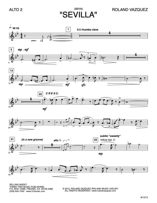 Sevilla V.3 alto 2 (Download) Latin jazz printed sheet music www.3-2music.com composer and arranger Roland Vazquez big band 4-4-5 instrumentation