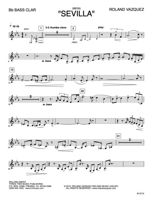 Sevilla V.3 bass clarinet (bari) (Download) Latin jazz printed sheet music www.3-2music.com composer and arranger Roland Vazquez big band 4-4-5 instrumentation