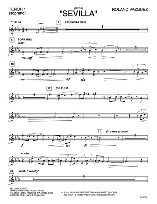 Sevilla V.3 tenor 1 (Download) Latin jazz printed sheet music www.3-2music.com composer and arranger Roland Vazquez big band 4-4-5 instrumentation