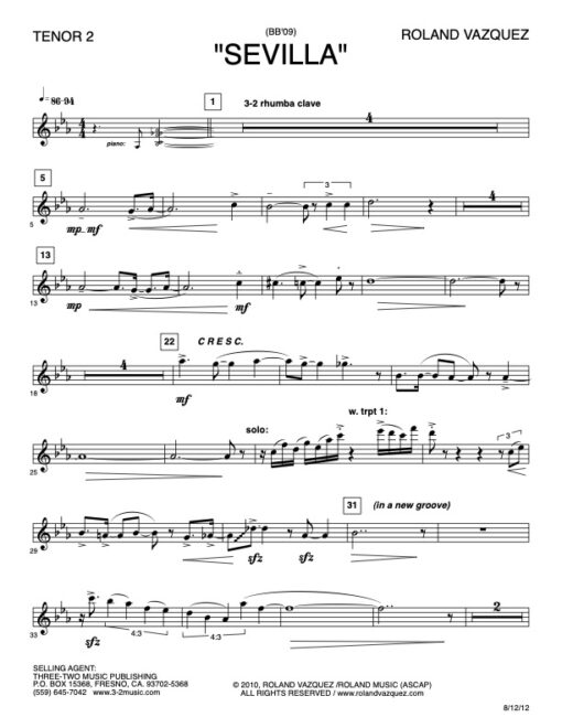 Sevilla V.3 tenor 2 (Download) Latin jazz printed sheet music www.3-2music.com composer and arranger Roland Vazquez big band 4-4-5 instrumentation