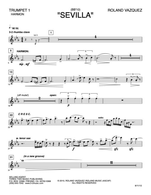Sevilla V.3 trumpet 1 (Download) Latin jazz printed sheet music www.3-2music.com composer and arranger Roland Vazquez big band 4-4-5 instrumentation