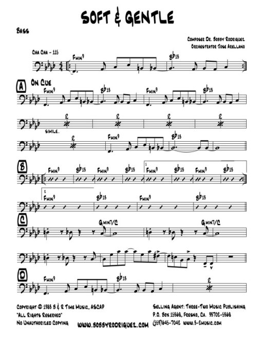Soft and Gentle bass (Download) Latin jazz printed sheet music www.3-2music.com composer and arranger Bobby Rodriguez big band 4-4-5 instrumentation