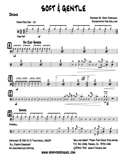 Soft and Gentle drums (Download) Latin jazz printed sheet music www.3-2music.com composer and arranger Bobby Rodriguez big band 4-4-5 instrumentation